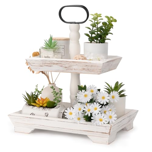 Tiered Tray Stand Farmhouse Tiered Tray for Decors Holder 2 Tiered Tray Stand for Kitchen Bedroom Entryway Coffee Bar