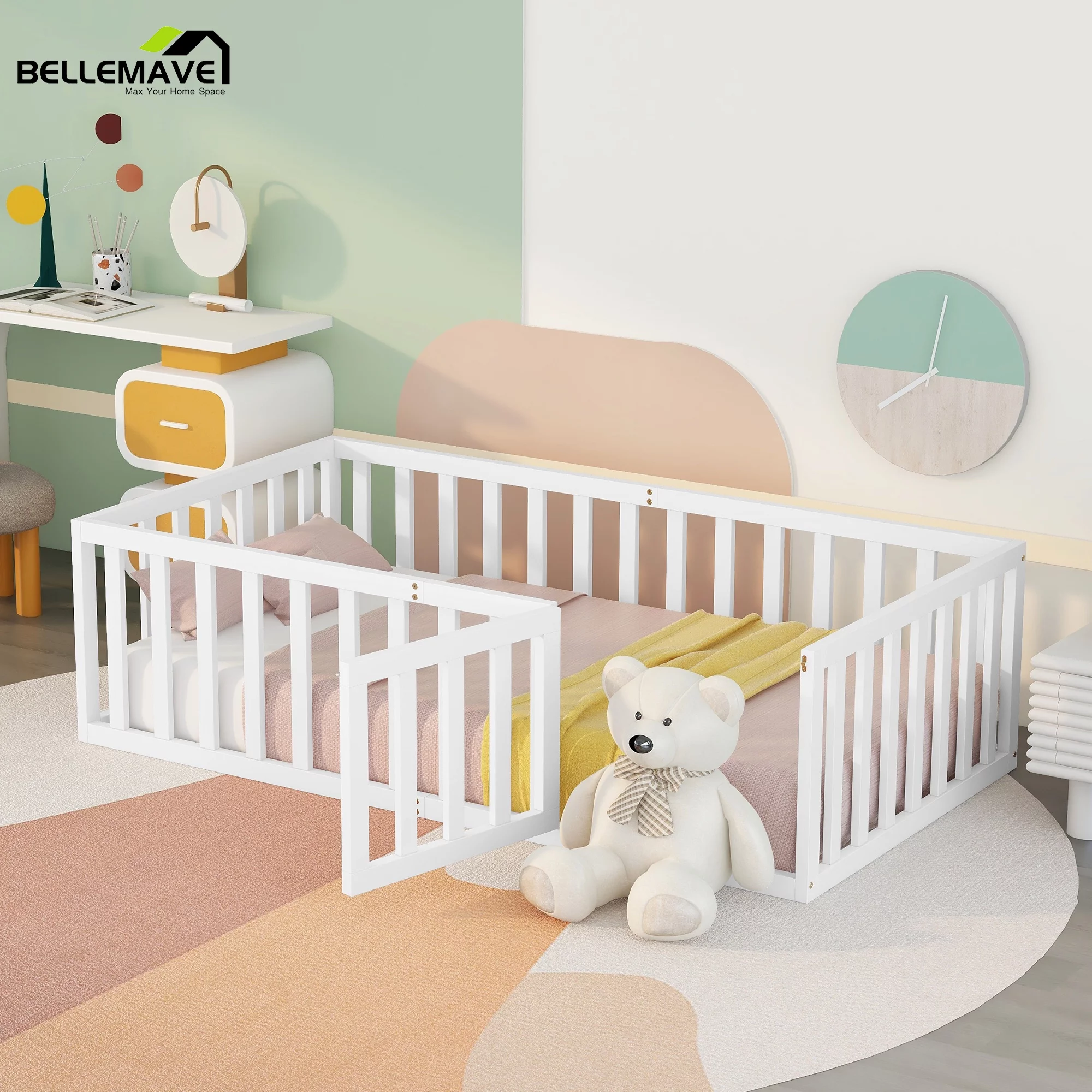 Bellemave Twin Size Montessori Bed for Toddler, Wood Kids Floor Bed Frame with Fence and Door, White(Slats Not Include)