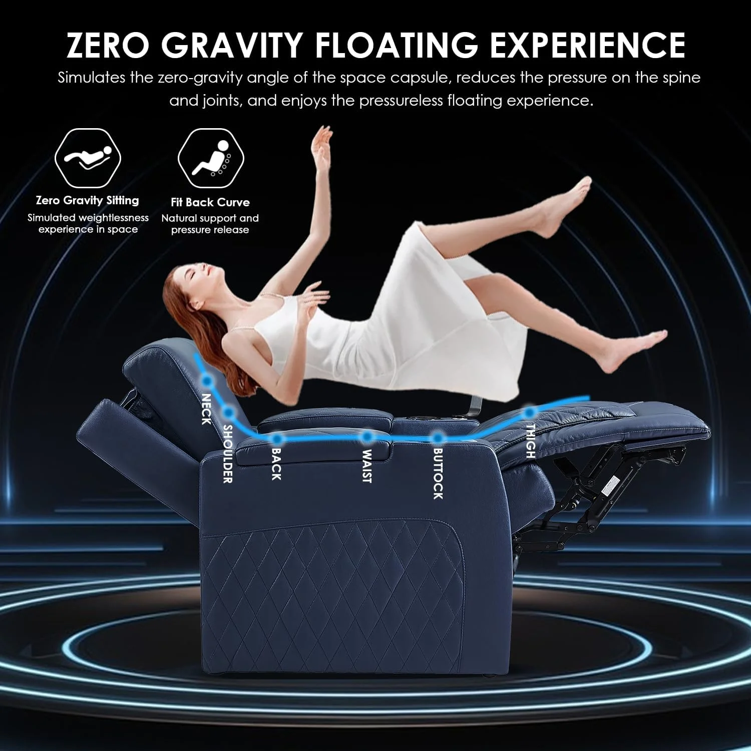 Weilianda Astronaut Zero Gravity Home Theater Seating Top Grain Leather Recliner Sofa Power Headrest Footrest with Carbon Fiber Tray Table, Tablet Stand, Cup Holders Row of 2 Loveseat Navy Blue