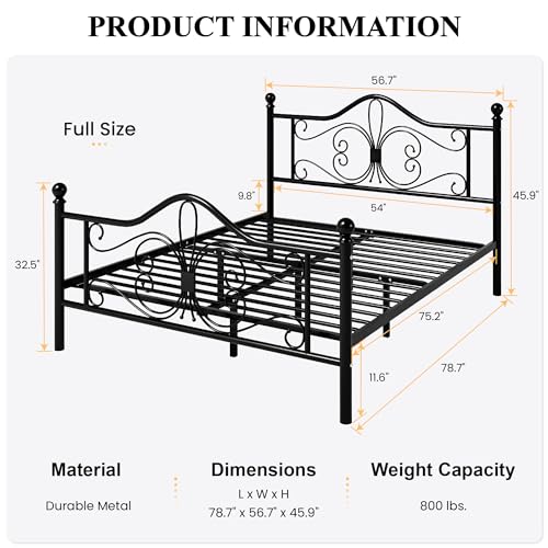 SHA CERLIN Full Size Bed Frame with Headboard,Metal Bed Frame with Butterfly Pattern Design Headboard & Footboard,No Box Spring Needed,Easy Assembly,White