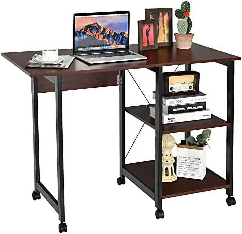 HJZBNONE Folding Computer Desk  Modern Writing Table w/ 2-Tier  Shelves  PC Laptop Study Table Workstation w/ 6 Wheels  Space Saving Compact Home Office Desk for Small Apartment (Black)