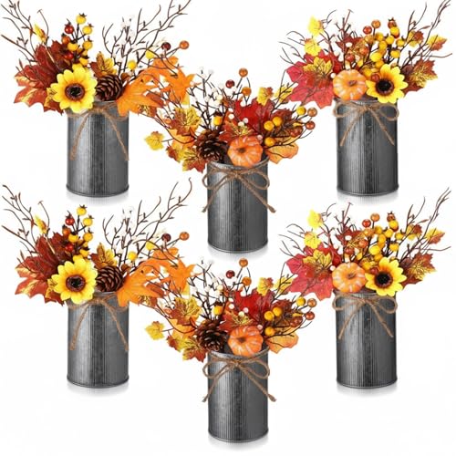 Zeyune 6 Sets Fall Thanksgiving Table Centerpiece Decoration Harvest Artificial Flower Stem Pumpkin Maple Berry Pick with Metal Pot for Autumn Rustic Farmhouse Home Kitchen Dining Indoor Decoration