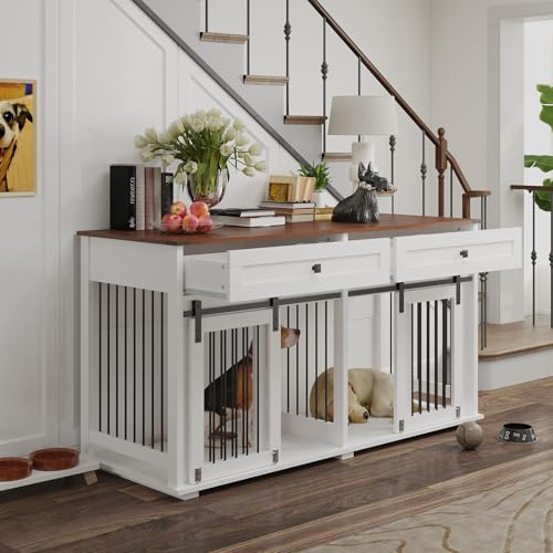 63'' Dog Crate Furniture for 2 Dogs, Wooden Dog Crate Table Furniture with 2 Storage Drawers, Indoor Dog Kennel with Divider and Double Sliding Doors, Large Pet House, White Cage Natural Wood Tabletop
