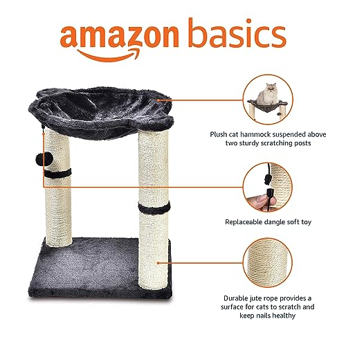 Amazon Basics Cat Condo Tower with Hammock Bed and Scratching Post,Easy to Assemble,Plush Hammock,Interactive Hanging Ball,Durable Sisal Scratch Posts for Indoor Cats, 15.8 x 15.8 x 19.7 Inches, Beige