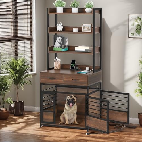 YITAHOME 39 Inch Dog Crate Furniture with Storage Shelves, Wooden Dog Crate for Large Dogs with Power Outlets, Dog Kennel Indoor Furniture Farmhouse Decorative Dog Cage with Double-Doors, Rustic Brown
