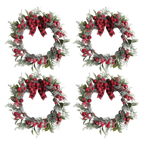 idyllic 4 PCS 12 Inch Christmas Wreath Set - Christmas Candle Rings Wreaths with Pine and Berries, Small Artificial Window Wreaths for Home, Kitchen, Table, Candle Decor, Holiday Decoration
