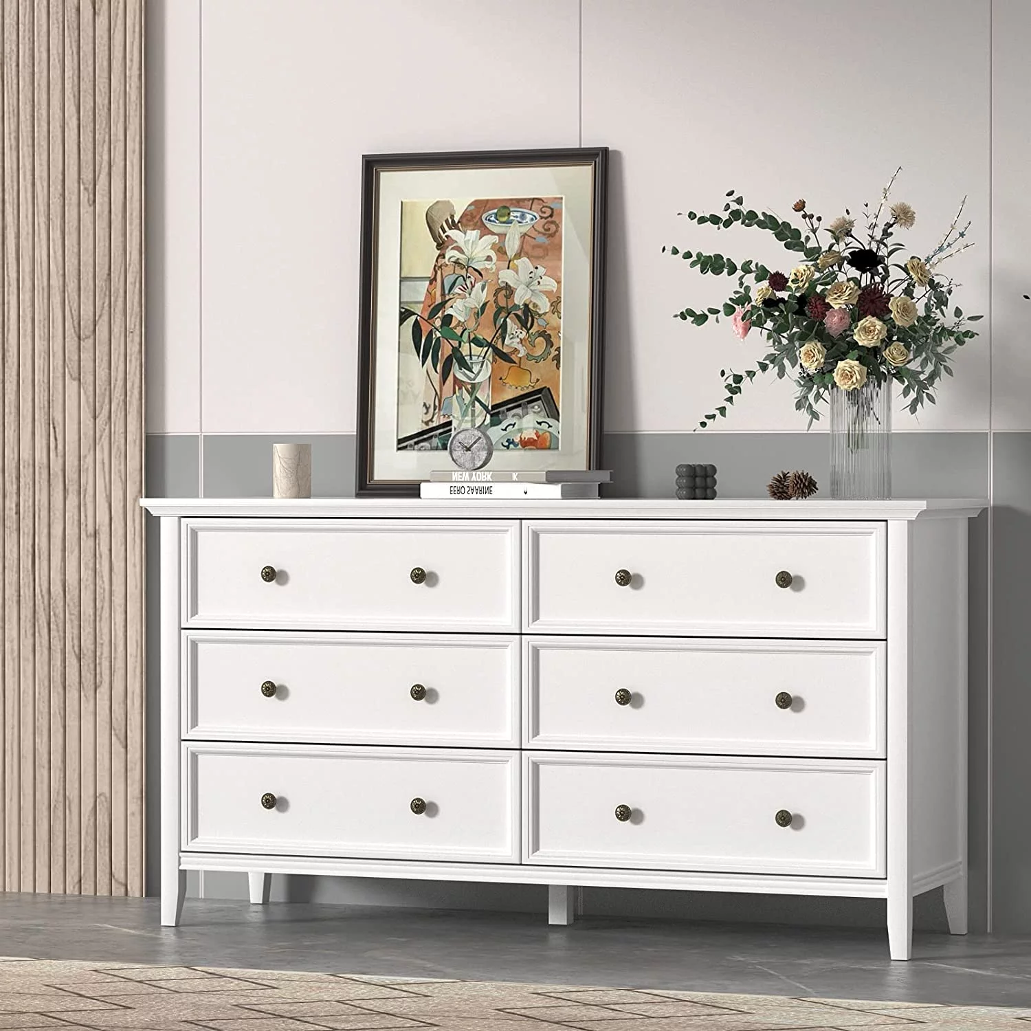 6 Drawer Double Dresser  55 inch Solid Wood Bedroom Dresser in White