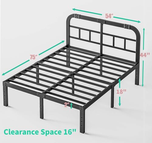 ZIYOO Full Size Bed Frame with Headboard, 18 Inches High 1500LBS Heavy Duty Metal Platform Mattress Foundation/No Box Spring Needed-Black