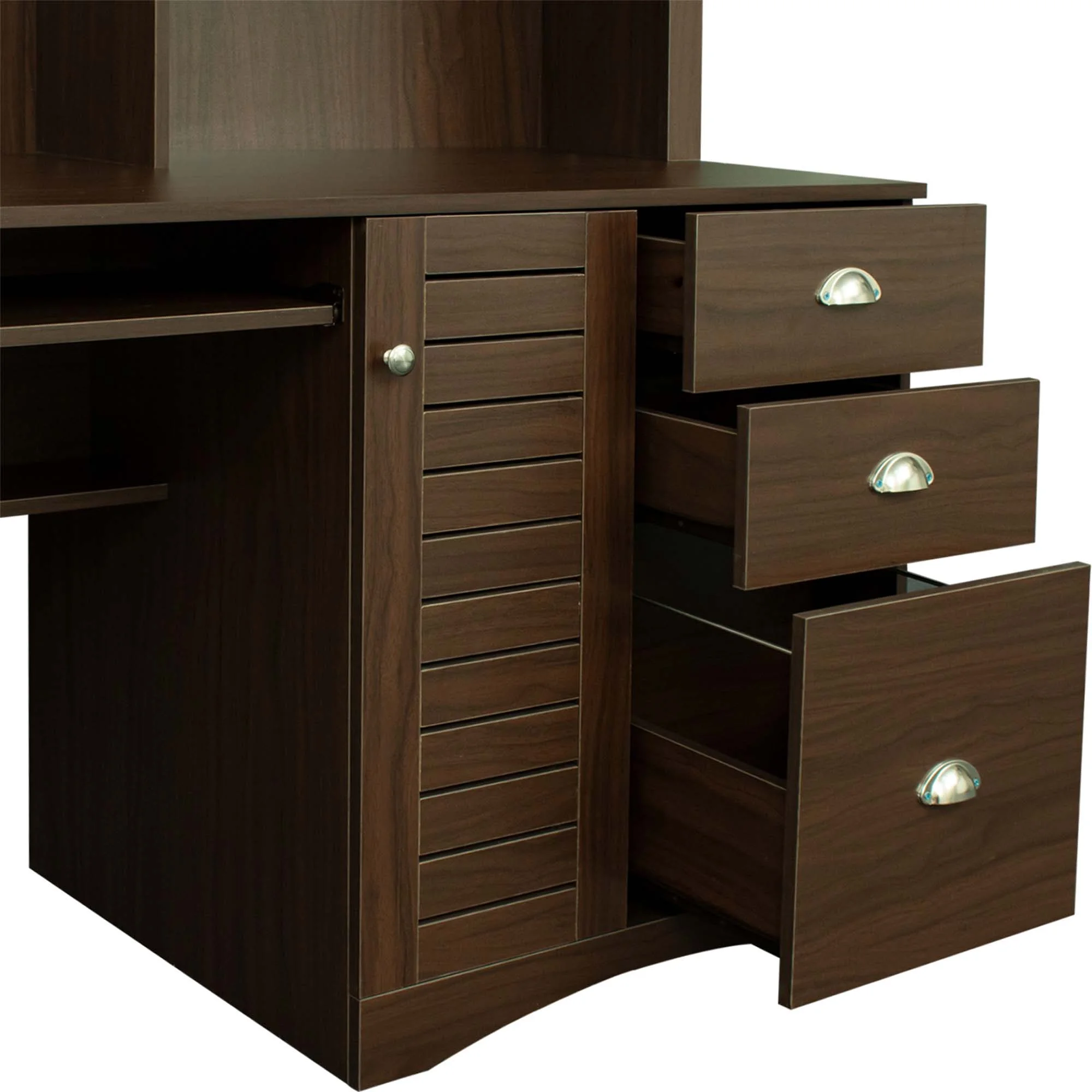 Momspeace Home Office Computer Desk with Hutch, 3 Drawers, Study Table, Keyboard Tray, Walnut