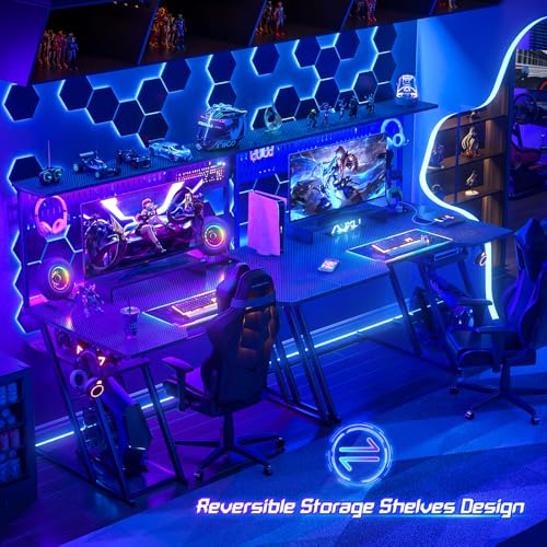 Armocity Gaming Computer Desk with Shelves and Outlets, Gaming Desk with Hutch and LED Lights, Reversible PC Gaming Desks with Pegboard, Carbon Fiber Black 47''