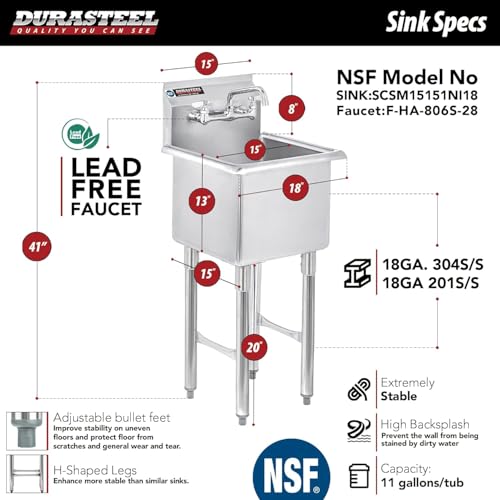 DuraSteel 304 Stainless Steel Utility Sink - 24 Inch Restaurant Prep Sink with Faucet - Dual CEC & NSF Certified Freestanding Wash Station for Kitchen, Laundry, Garage