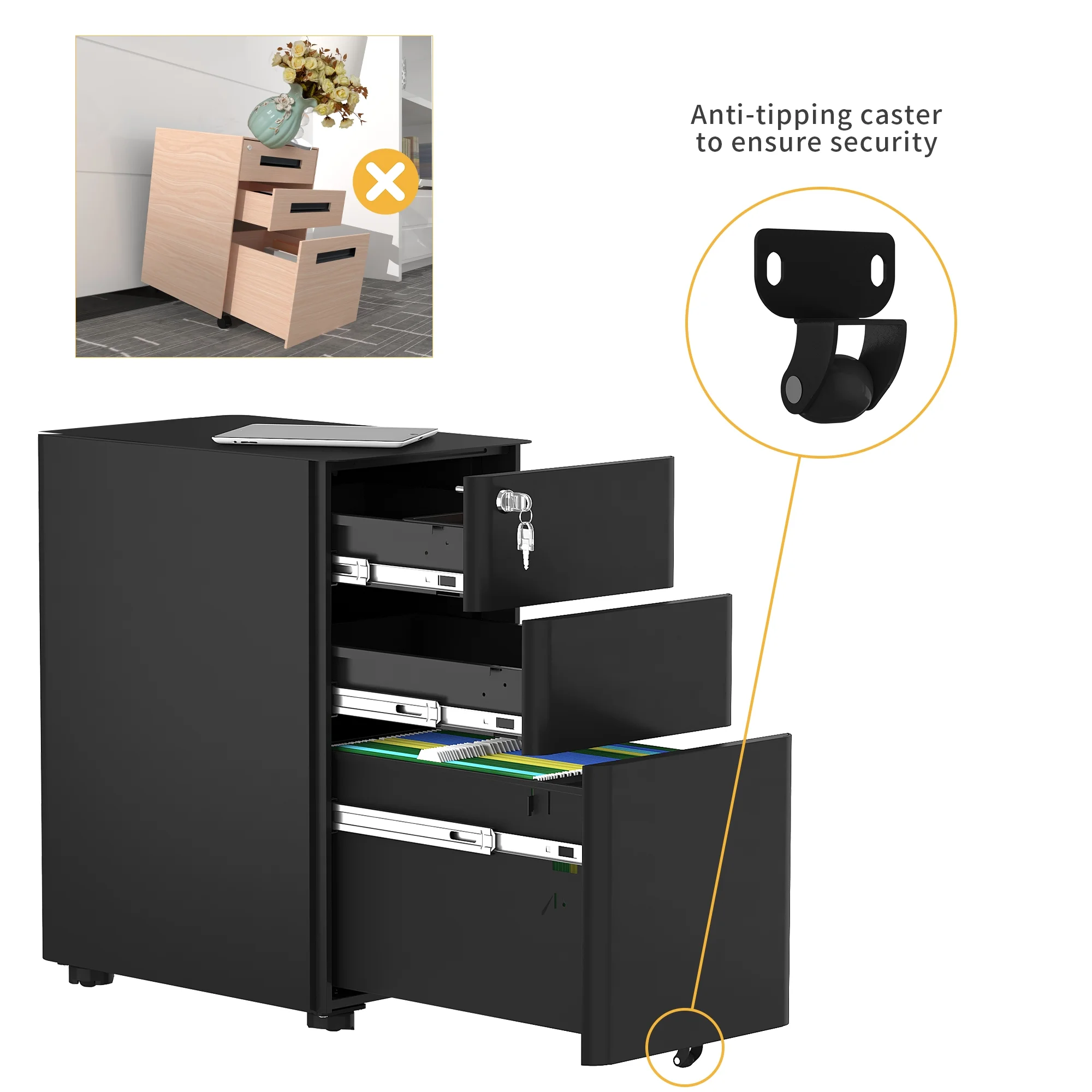 Dextrus 3-Drawer Metal Filing Cabinet Rolling with Legal/Letter /A4 Size Black