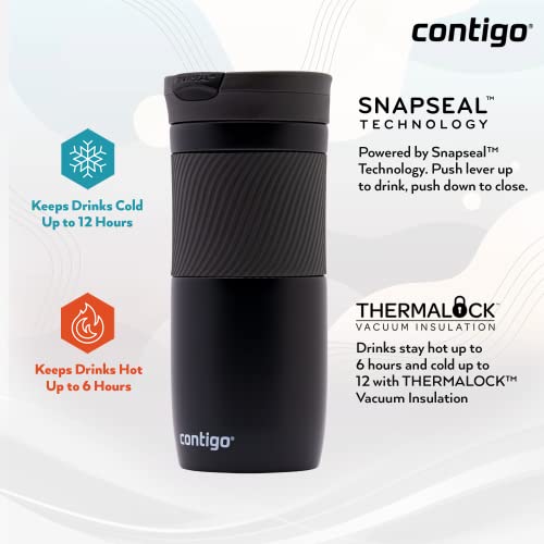 Contigo Byron Snapseal Travel Mug, Stainless Steel Thermal Mug, Vacuum Flask, Leakproof Tumbler, Coffee Mug with BPA Free Easy-Clean Lid, 590 ml, Black