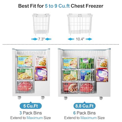 iSPECLE Freezer Organizer Bins - 3 Pack Adjustable Wider & Deeper Chest Freezer Organizer Bins for 5 to 9 Cu Ft, Extra Large & Easy Organize Basket Store More, Stackable No Wasted Space, Black