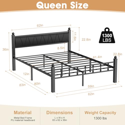 Metal Bed Frame Queen Size with Vintage Industrial Headboard, Platform Bed Frame with 1300lbs Capacity Heavy Duty Slats Support, No Box Spring Needed/Noise-Free/Easy Assembly, Black