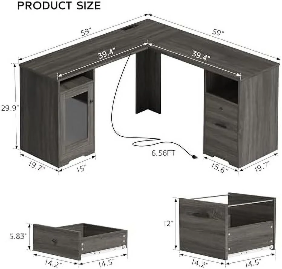 KHBIULIFE 60" L Shaped Desk with Drawers  Corner Desk with Power Outlets and USB Charging Ports  Executive Desk with File Cabinet and  Drawer  Home Office Table  Grey