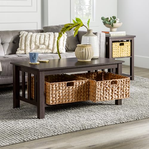 Walker Edison Coastal Black Living Room Coffee Table with Lower Shelf and Faux Rattan Wicker Baskets, 40 Inch
