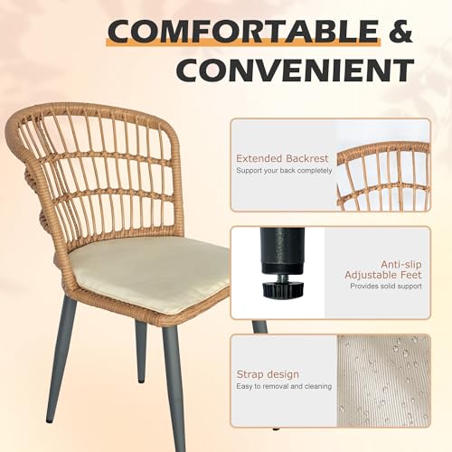 3 Piece Outdoor Wicker Furniture Patio Bistro Set, Balcony Furniture Rattan Conversation Sets, Outdoor Patio Chairs Set for Porch Poolside Garden, Beige