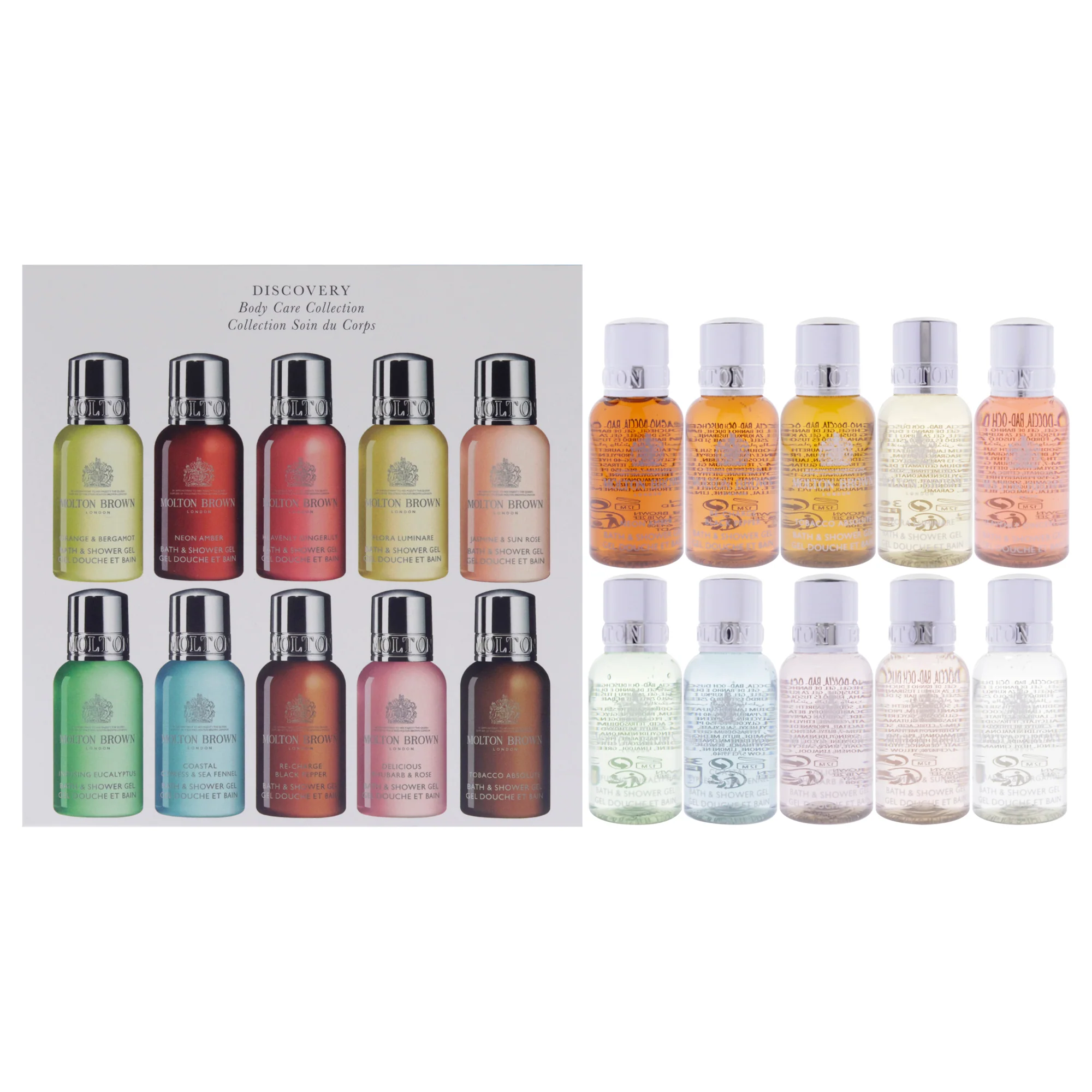 Molton Brown Discovery Body Care Collection Set by Molton Brown for Unisex - 10 x 1 oz Orange and Bergamot Shower Gel, Neon Amber Shower Gel, Heavenly Gingerlily Shower Gel, Flora Luminare Shower Gel, Jasmine and Sun Rose Shower Gel, Infusing Eucalyp