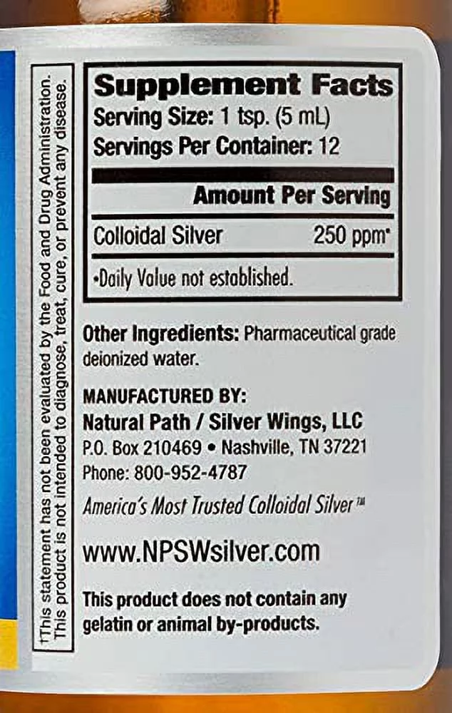 Natural Path Silver Wings Colloidal Silver Bottle 250PPM 8Oz +Dropper 250PPM 2Oz