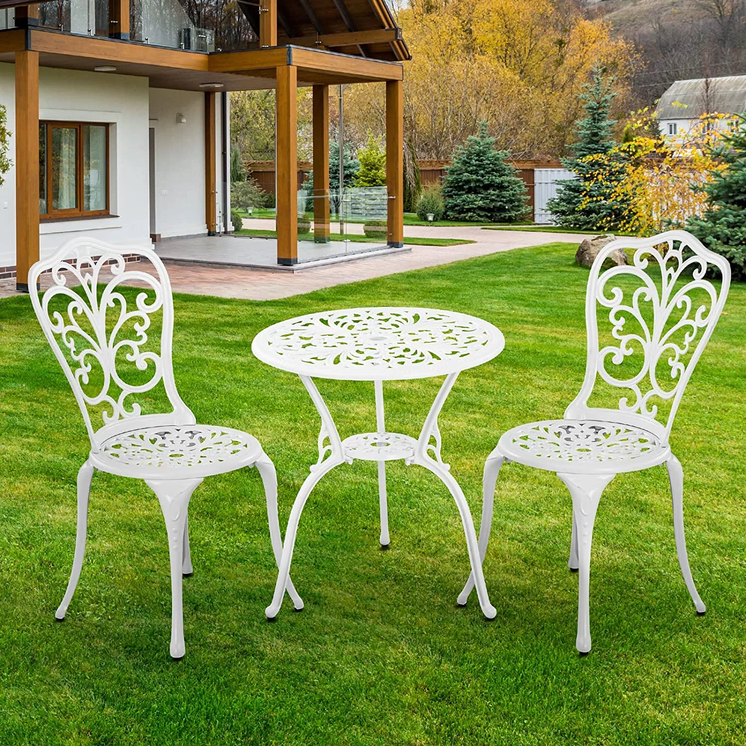 Withniture White Bistro Table and Chairs Set of 2 Outdoor Patio Bistro Sets with Umbrella Hole