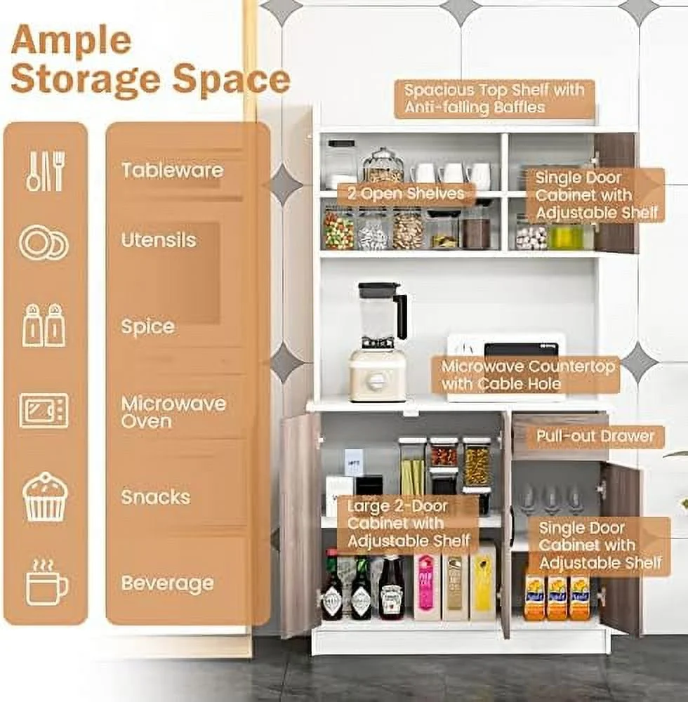 CCBIUOMBO Kitchen Pantry  Cabinet  71'' Freestanding Microwave Cupboard with 3 Cabinets & Drawer  Adjustable Shelves  Buffet with Hutch for Living Room  Dining Room  White