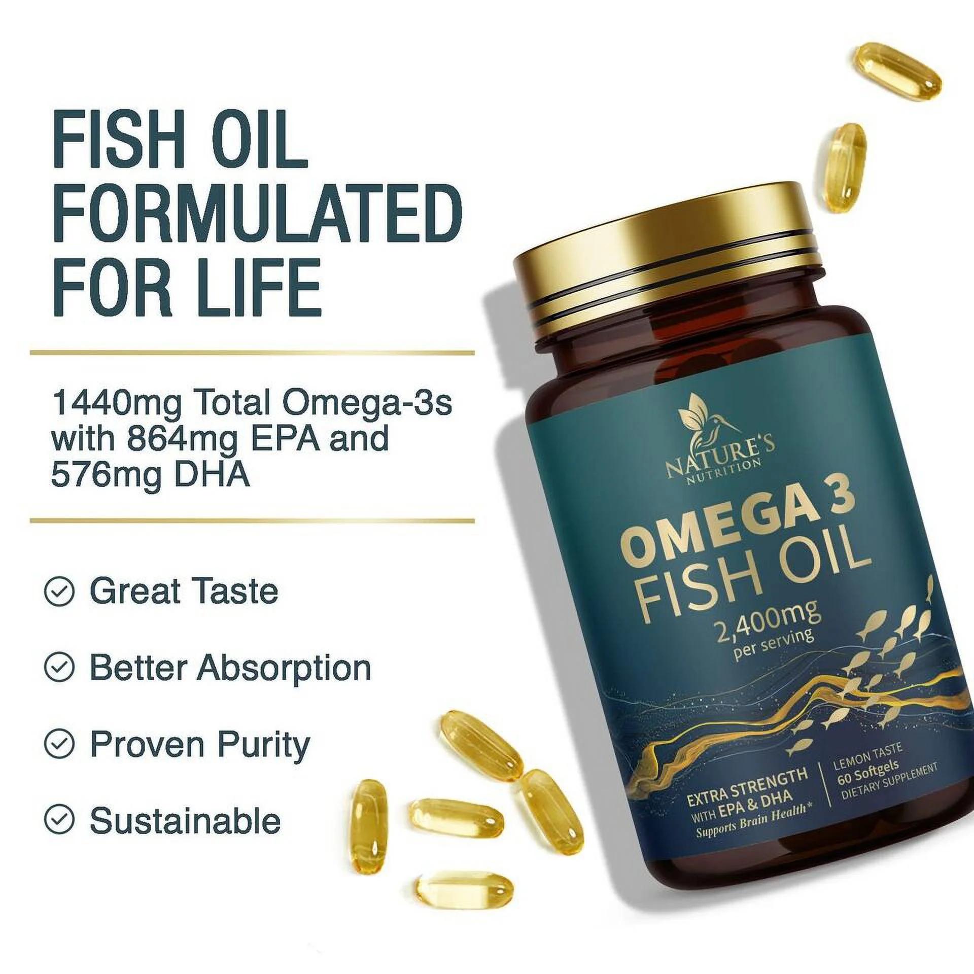 Omega 3 Fish Oil Capsules 3x Strength 2400mg EPA & DHA, Highest Potency - 60 Softgels