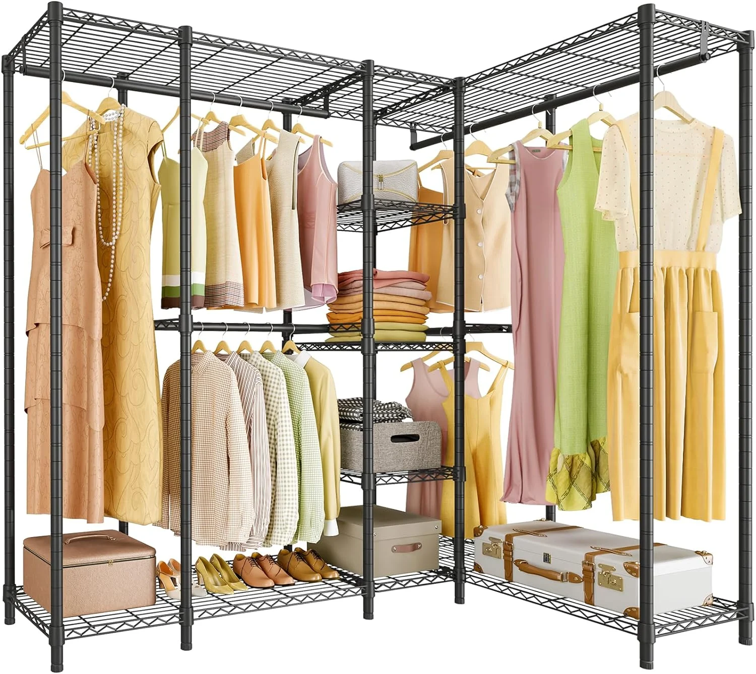 L50 Protable Closet Rack Large Corner Freestanding Wardrobe Closet, Multi-Functional L Shaped Clothes Rack Heavy Duty Metal Clothing Rack For Hanging Clothes, Max Load 1300LBS, Black
