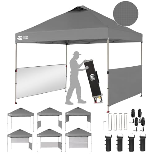 CROWN SHADES 10x10 Pop up Canopy Tent Instant Canopy with 150D Silver Coated Fabric Including 2 Half Sidewalls, 4 Ropes, 8 Stakes, 4 Weight Bags, STO 'N Go Bag, Grid Grey