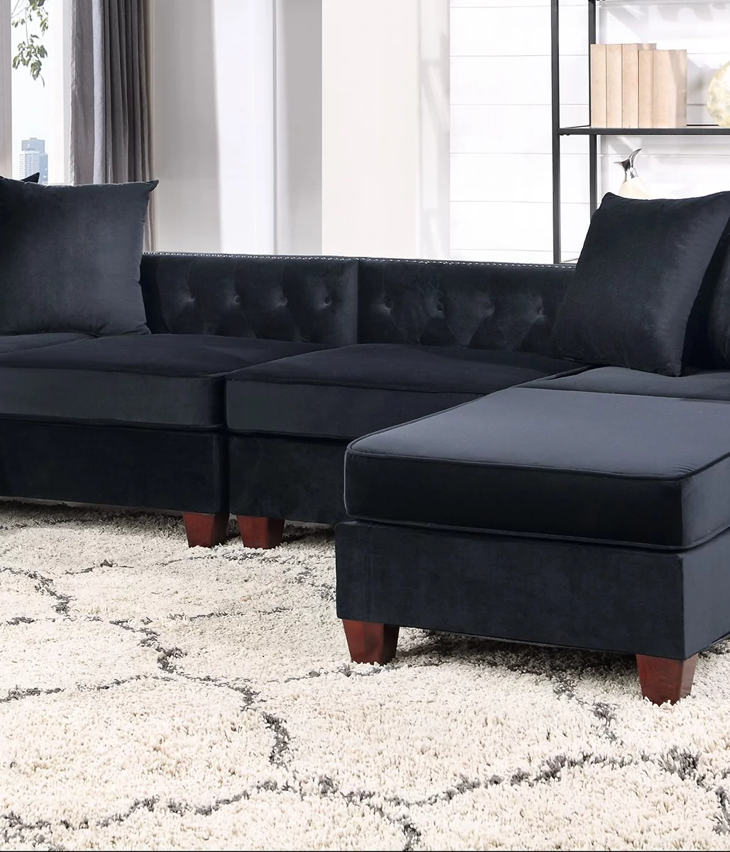 Black Velvet Fabric U-Sectional 4pc Set Reversible L/R Chaise / Loveseats Ottoman Tufted Cushion Couch Pillows Living Room