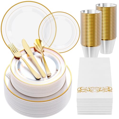 FOCUSLINE 350 Count Clear Dinnerware Set for 50 Guests- Clear Plastic Plates with Gold Rim, Includes Disposable 50 Dinner & Salad Plates, Cups, Napkins and Cutlery Set