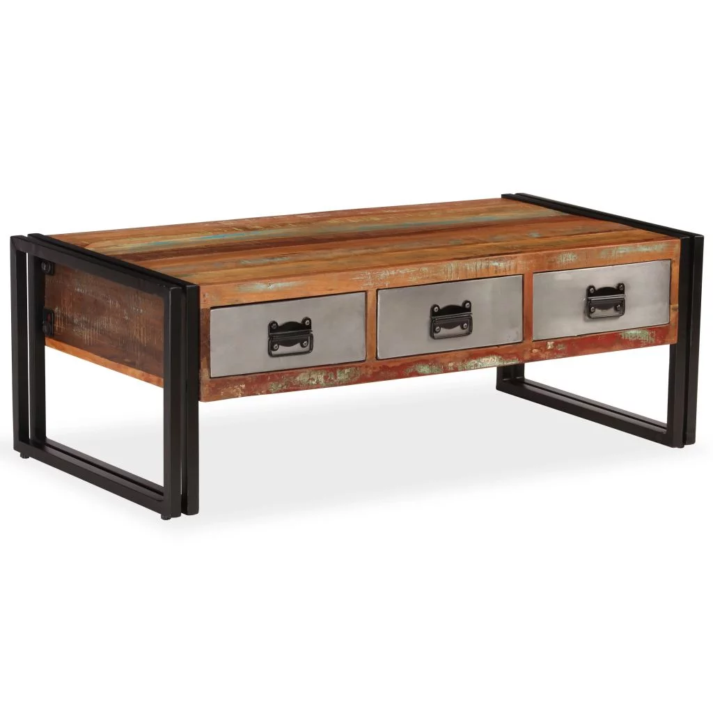 Anself Coffee Table with 3 Storage Drawers Reclaimed Wood Sofa and Couch End Side Table Steel Legs for Living Room Home Furniture 39.4 x 19.7 x 13.8 Inches (L x W x H)