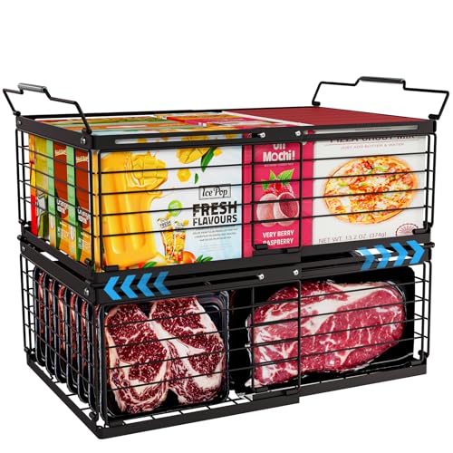 2Pcs Freezer Organizer Bins,11 to 17 inchs Large Scalable Stackable Freezer Storage Containers,Deep Freezer Organizer Bins Effectively Classify Food,Foldable Side Handles for Extra Storage Space