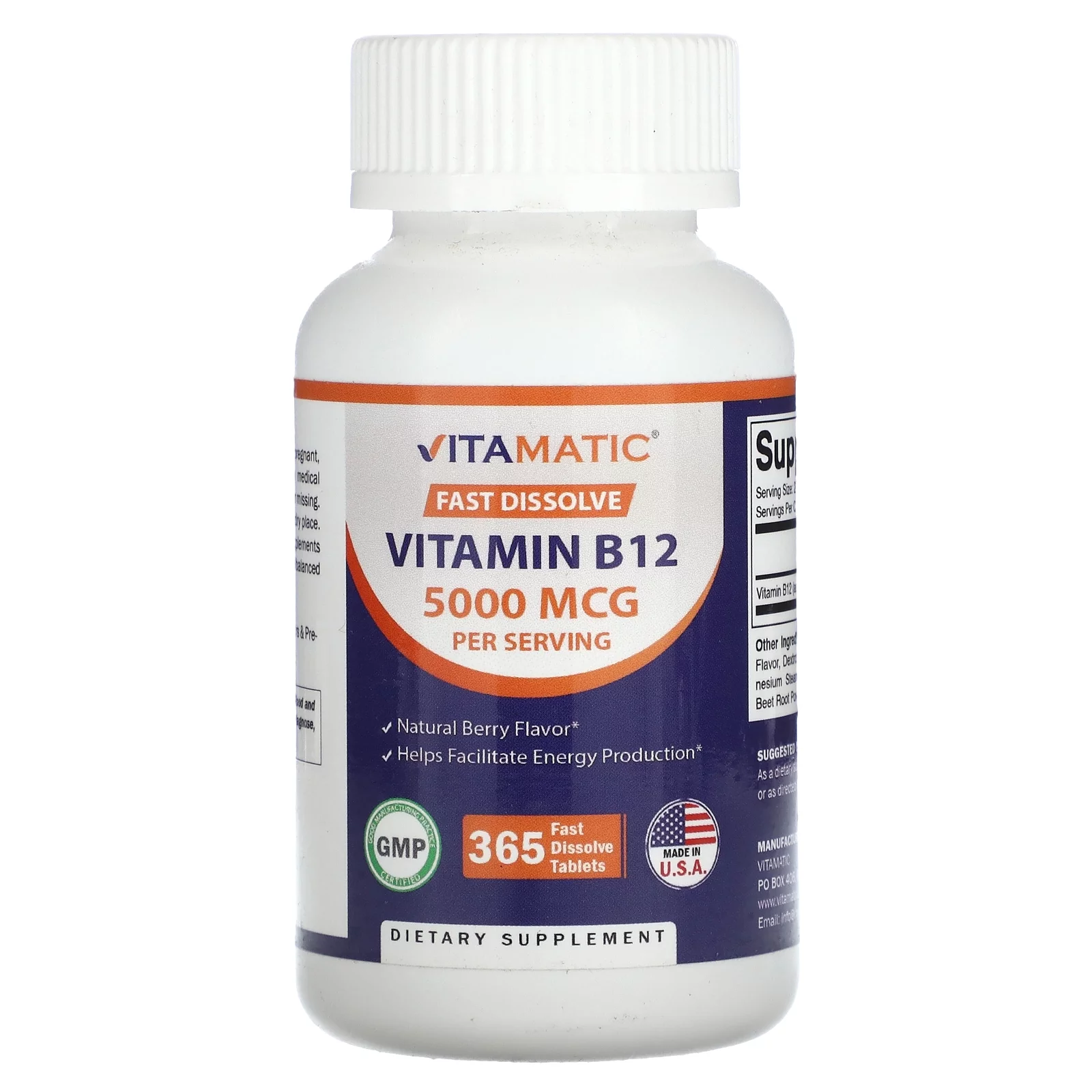 Vitamatic Vitamin B12, Natural Berry, 5,000 mcg, 365 Fast Dissolve Tablets (2,500 mcg per Tablet)
