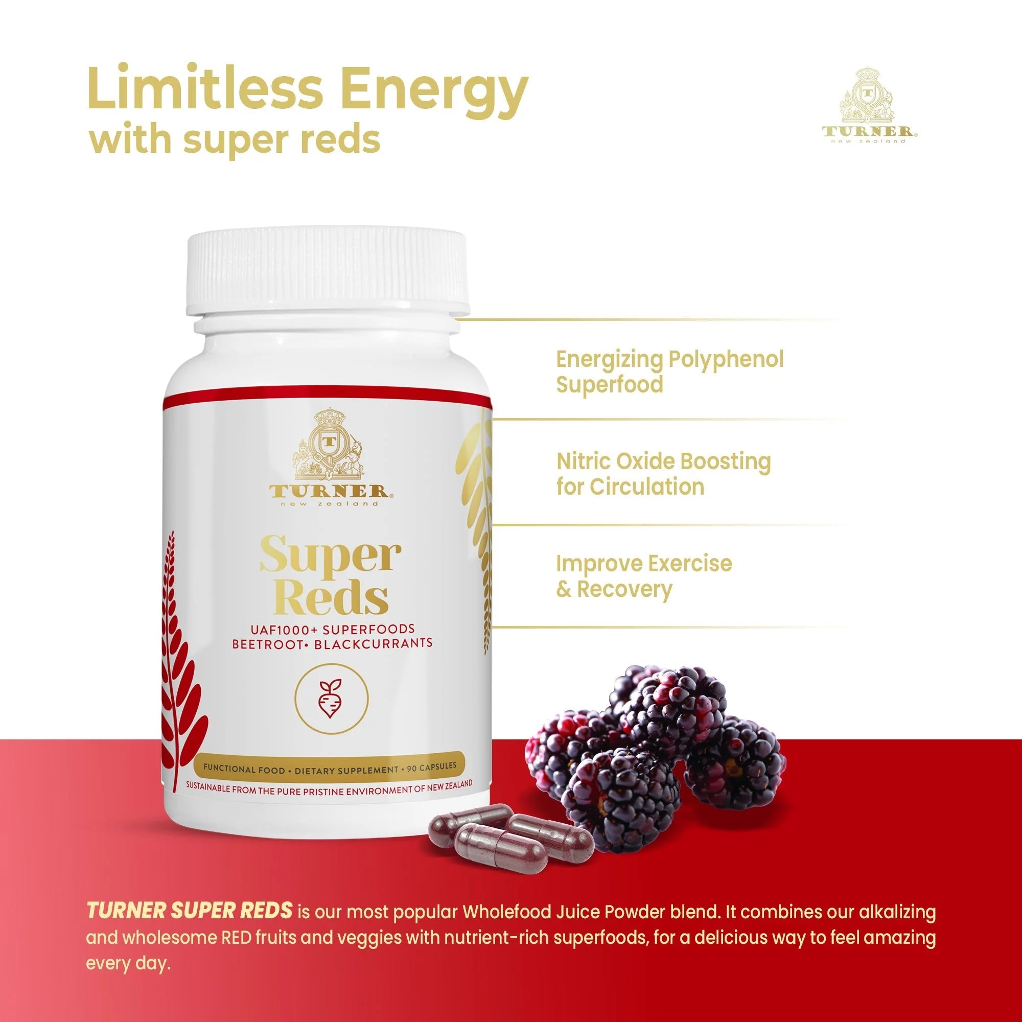 TURNER UAF1000+ Super Reds Capsules, Antioxidants, Superfood Energy, Essential Veggies, 180 Pills, 2 Bottles