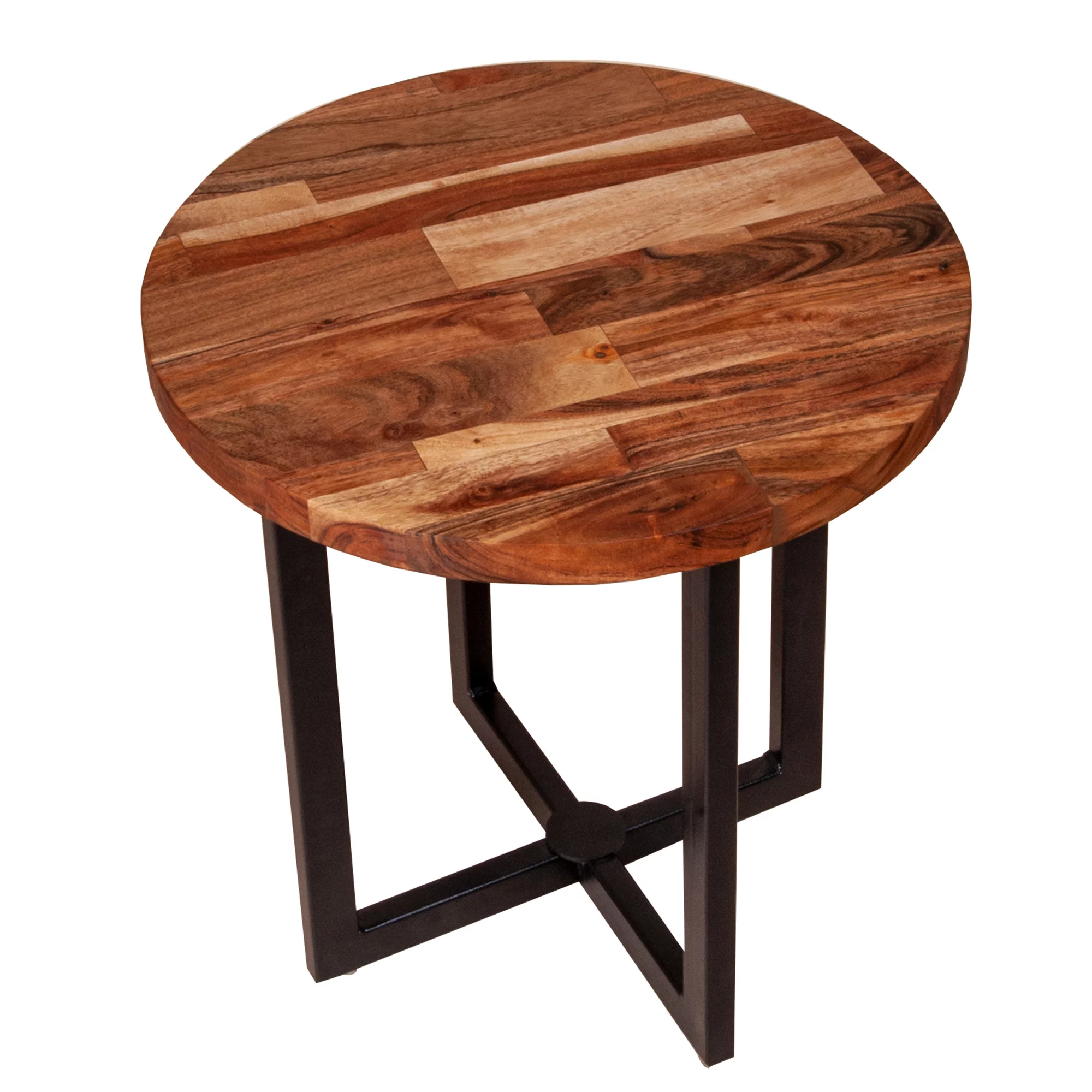 LANTRO JS Peter 18 Inch Round End Side Table, Solid Acacia Wood Tabletop, Steel Frame, Brown, Black