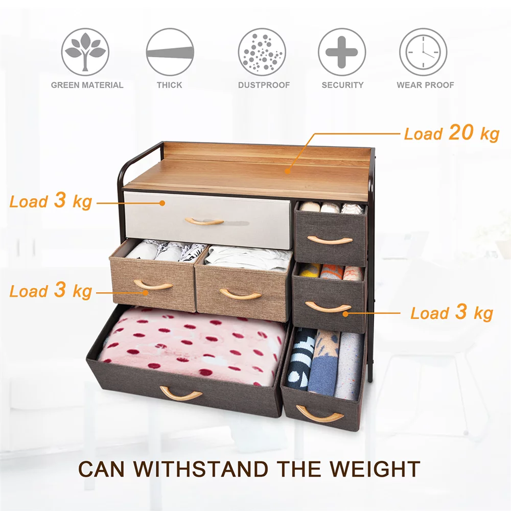 Bigroof Fabric Dresser with 7 Drawers - Storage Tower with Large Capacity for Bedroom, Living Room&nbsp;& Closets - Steel Frame Wooden Top with Fabric Bins for Clothing Blankets Plush Toy