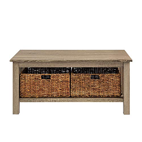 Walker Edison Coastal Black Living Room Coffee Table with Lower Shelf and Faux Rattan Wicker Baskets, 40 Inch