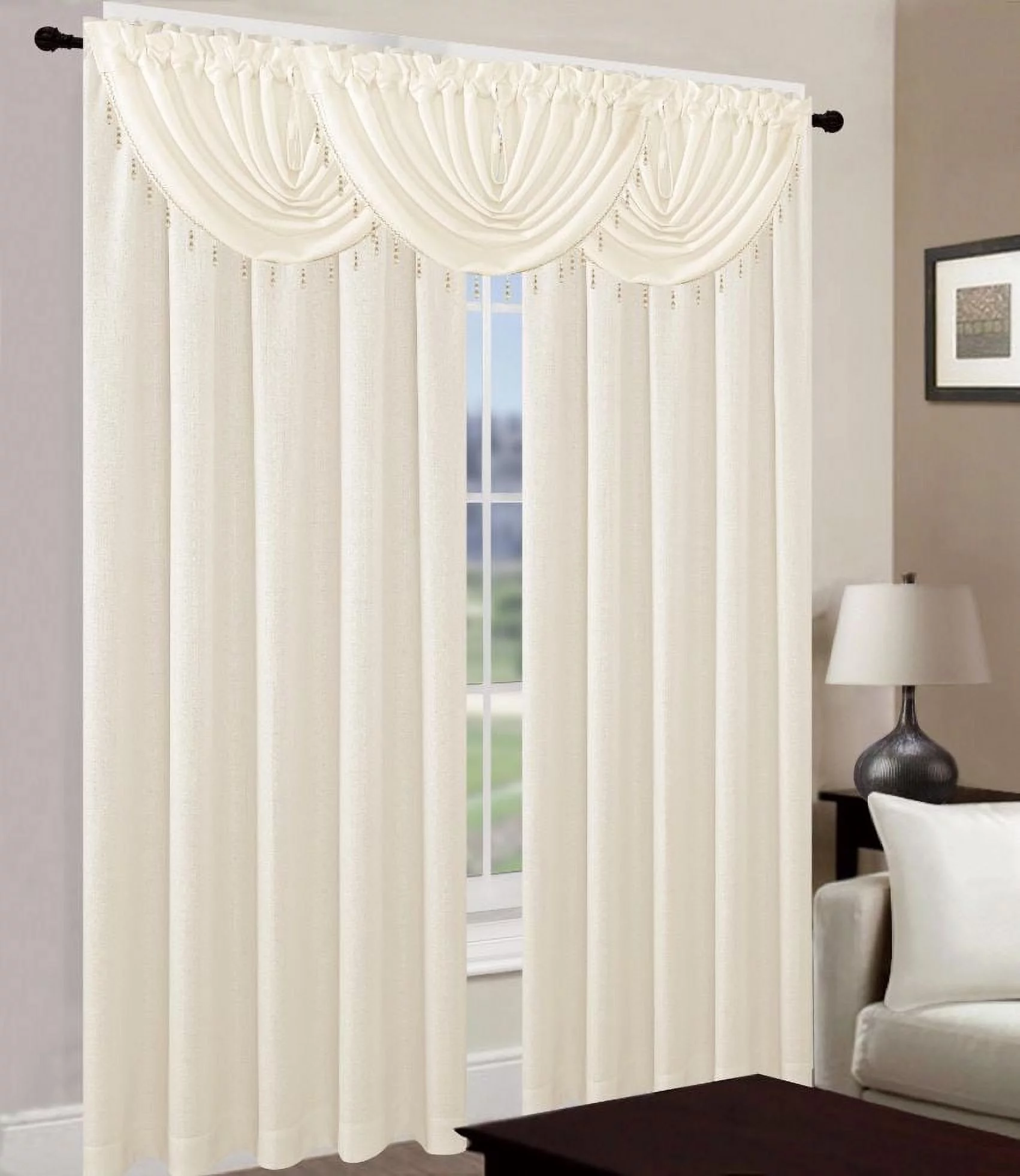 Leah 5 Piece Woven Textured Curtain Set with Beaded Austrian Valances (Off White)