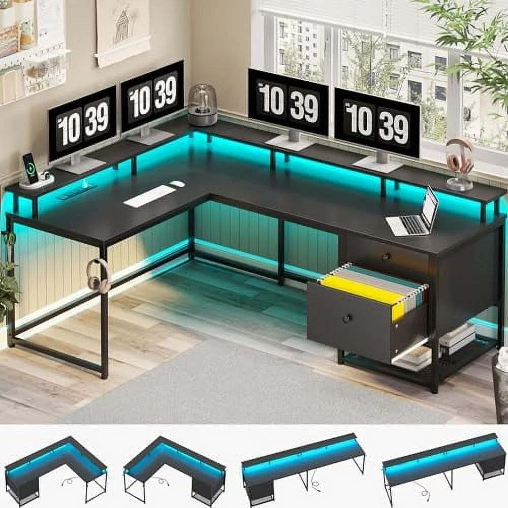 L Shaped Office Desk  Reversible 62" Corner Computer Desk with Drawers for Legal/Letter File & Power Outlets  Gaming Desk with LED Strip for  Office  Black