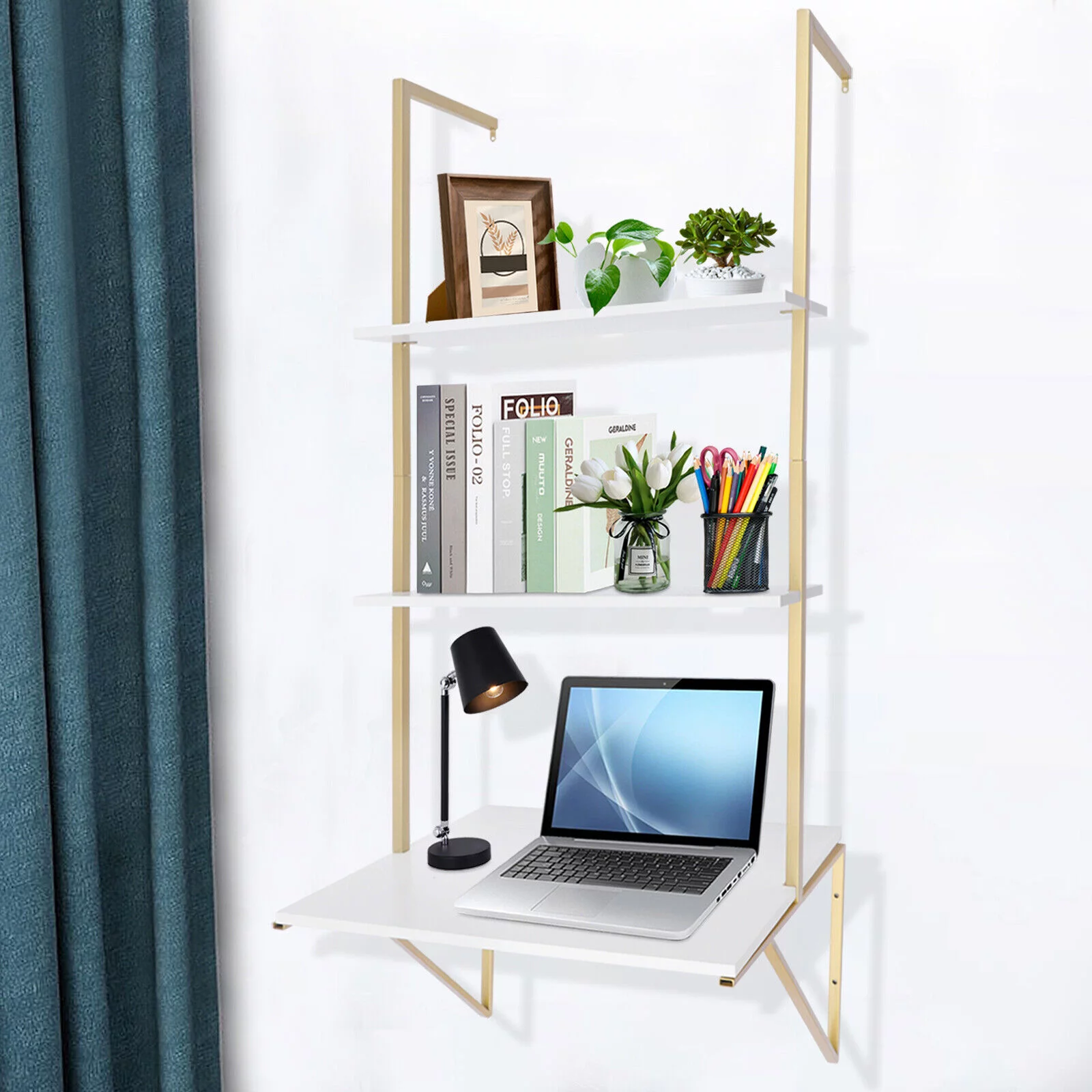 Wall-mounted Desk 3 Tier White Ladder Desk Max. Load: 20kg/44.09lbs W/Brackets 3-Tier Ladder Shelf Bookcase Bookshelf Drawers Wall Mount Living Room Bedroom Wall Mount Ladder Desk