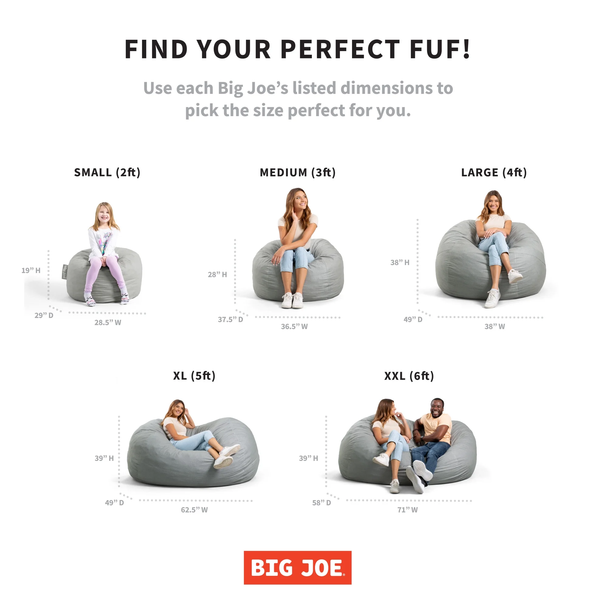 Big Joe Fuf XXL Foam Filled Bean Bag Chair with Removable Cover, Black Lenox, 6 feet Giant