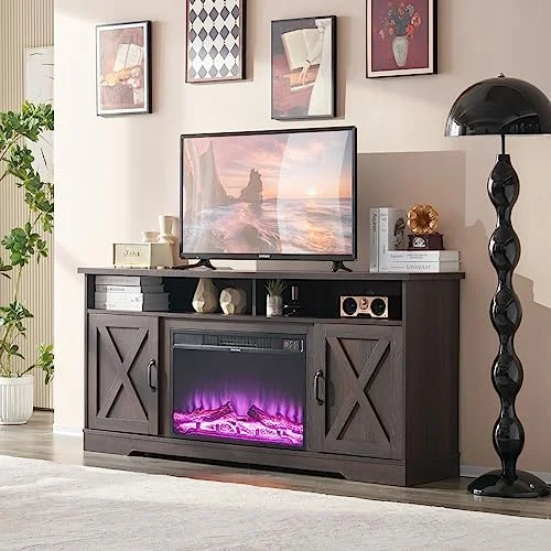 RUNFAYBIU Farmhouse TV Stand with 26" Fireplace  63" Wood Rustic Entertainment Center with Fireplace and Barn Doors  Modern Media TV Console Cabinet with Adjustable Shelves  Rusti