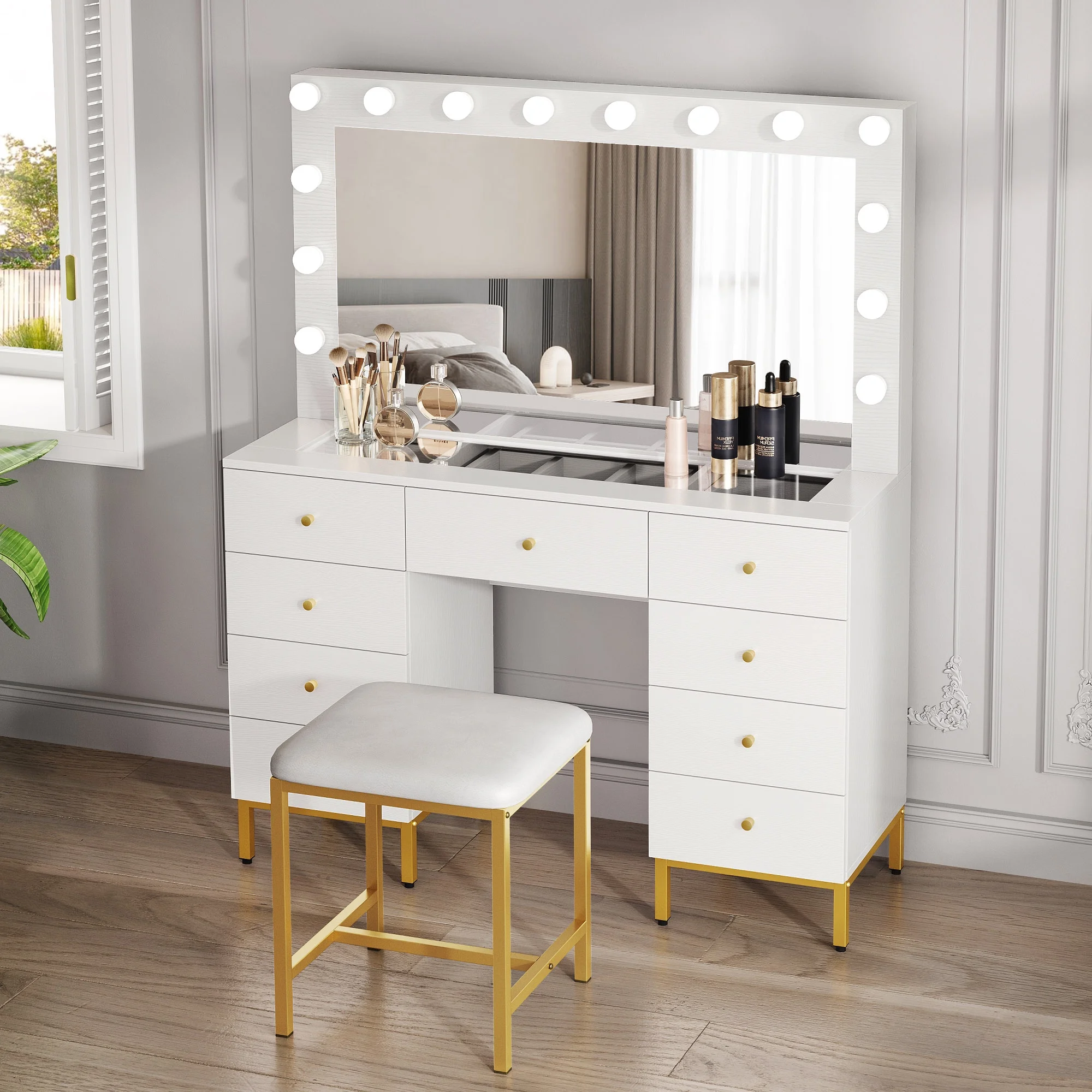 DWVO Vanity Table Set with 3 Color Lighted Mirror & Charging Station & Stool, Modern Makeup Vanity Dressing Table with 9 Drawers for Bedroom, Gold and White Vanity Desk for Women Girls