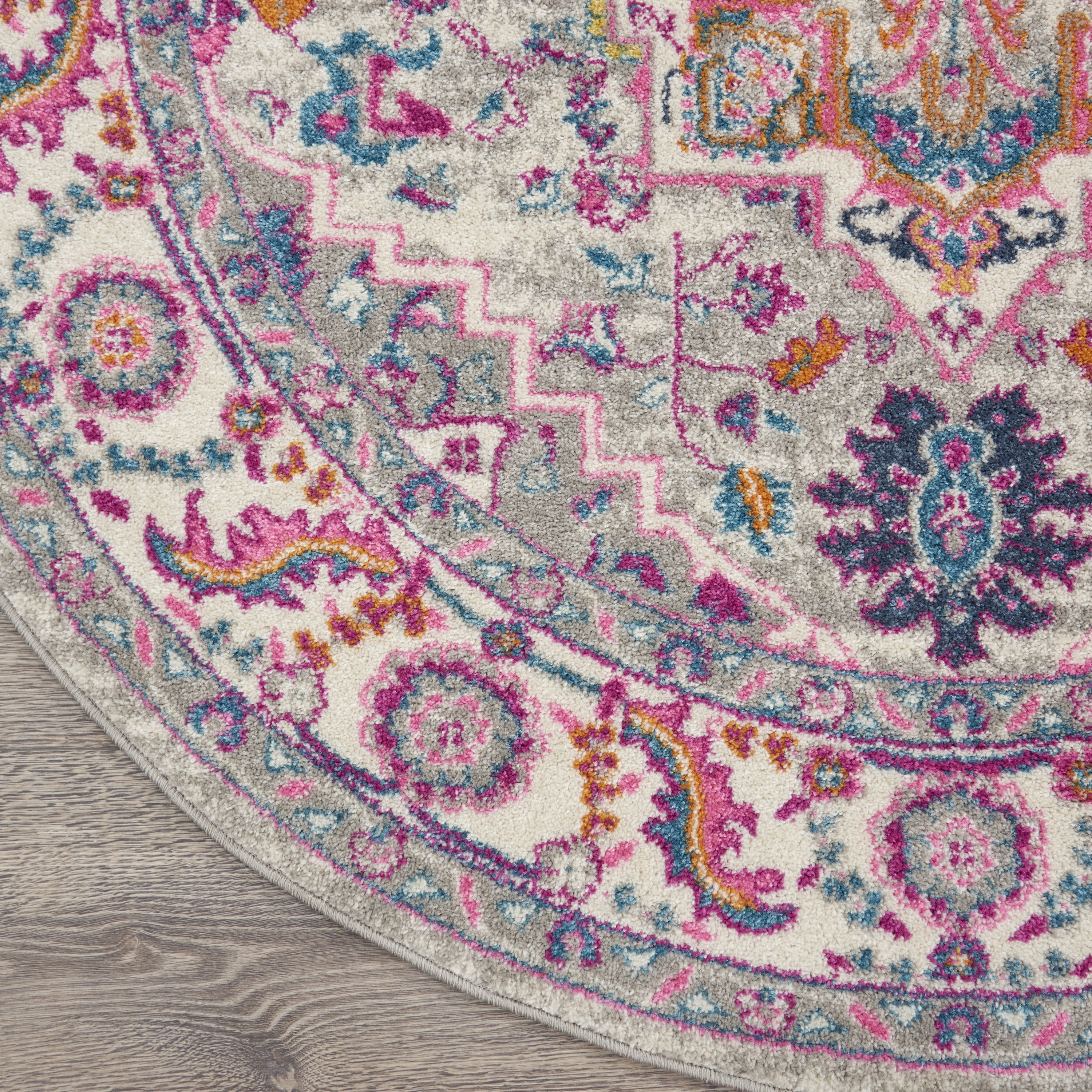 Nourison Passion Light Grey/Pink 4' x Round Area Rug, Boho, Transitional, Bed Room, Living Room, Dining Room, Kitchen, , Easy Cleaning, Non Shedding (4' Round)