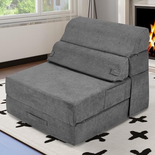 Comfy Folding Sofa Bed - Grey Convertible Sleeper Sofa Fold Out Sleeper Chair Couch for Living Room Bedroom Guest, Foldable Floor Chair Lounger Mattress with Back Support for Travel, Camping