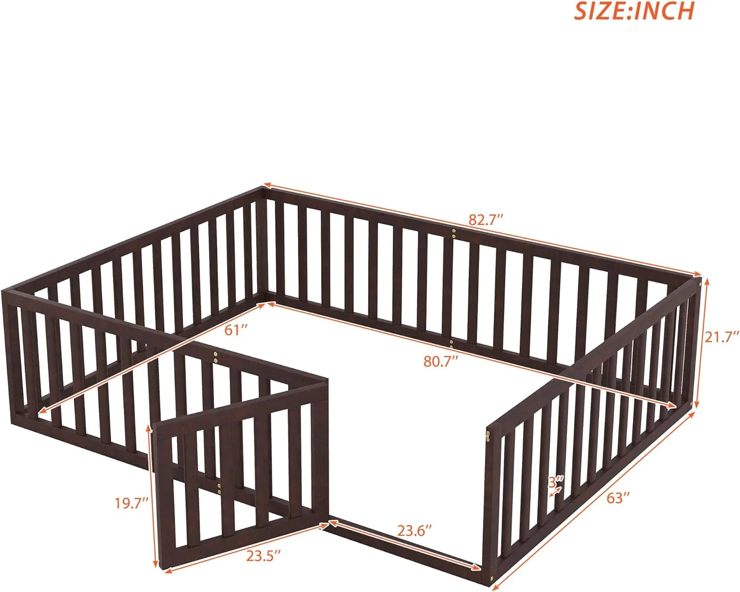 Queen Floor Bed With Fence For Kids, Montessori Floor Bed, Wood Platform Bed Frame Cabin Bed For Girls Boys, Walnut
