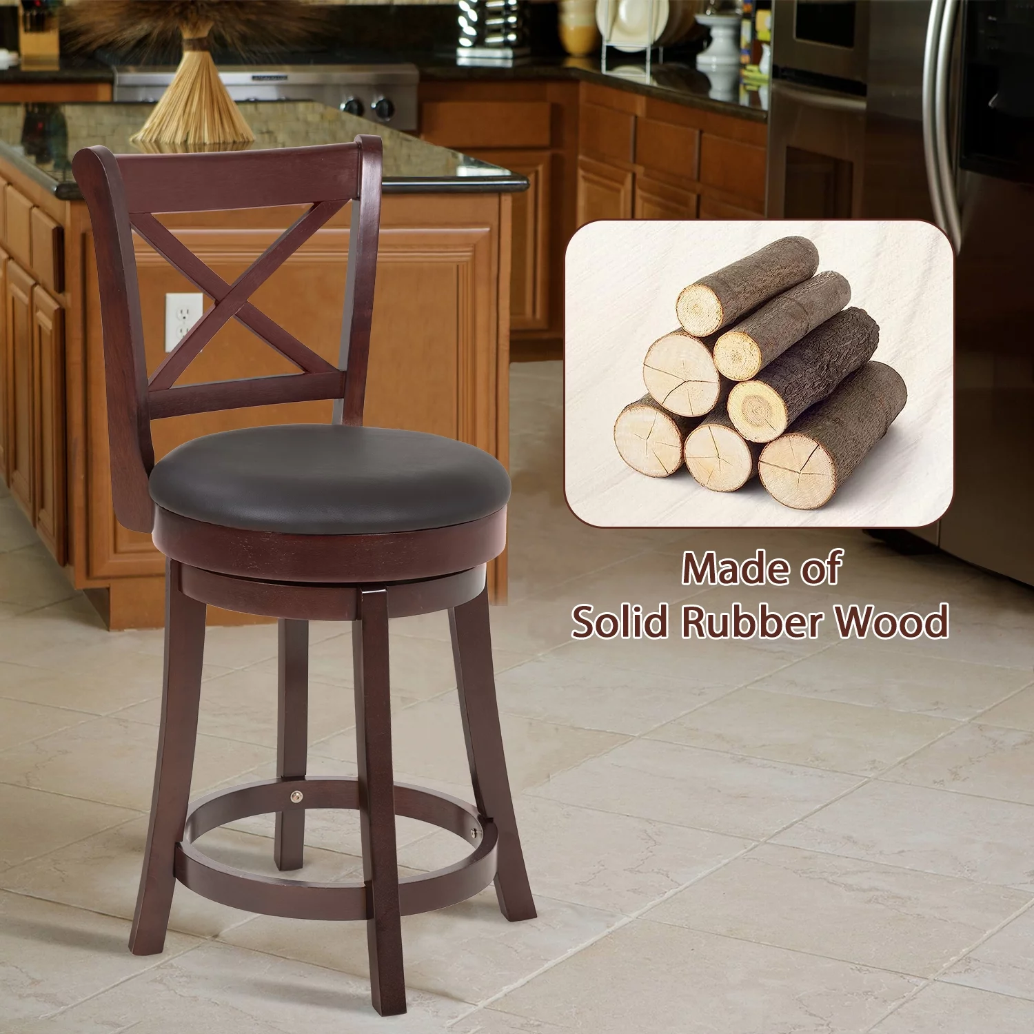 Bar Stools Counter Stools Kitchen Barstools with Wooden Low Back, 360 Degree Swivel, PU Leather Set of 2 (Brown)