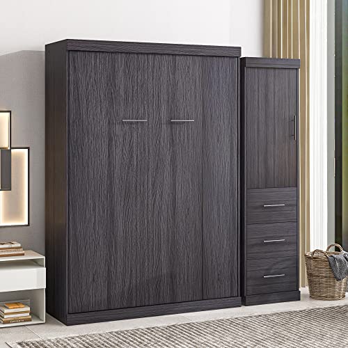 Full Size Murphy Bed with 2 Convertible Side Cabinet Storage Shelf, Foldable Wallbed Bedframe, Wall Bed Hidden Murphy Cabinet Bed Space Saving Bed Frame for Bedroom, Small Space, Grey
