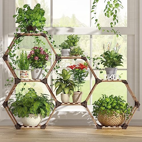 Tikea Plant Stand Indoor Hexagonal Plant Stand for Multiple Plants Indoor Outdoor Large Wooden Plant Shelf Creative DIY 6 Tiered Flowers Stand Rack for Living Room Balcony Patio Window